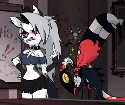 Size: 940x790 | Tagged: safe, artist:centinel303, blitzo (vivzmind), loona (vivzmind), canine, demon, fictional species, hellhound, imp, mammal, anthro, humanoid, hazbin hotel, helluva boss, 2021, breasts, clothes, daughter, devil tail, duo, duo male and female, ears, father, father and child, father and daughter, female, gray hair, hair, horns, long hair, male, mature, mature male, middle finger, smiling, tail, thighs, vulgar