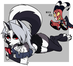 Size: 1200x1078 | Tagged: safe, artist:centinel303, blitzo (vivzmind), loona (vivzmind), canine, demon, fictional species, hellhound, imp, mammal, anthro, digitigrade anthro, humanoid, hazbin hotel, helluva boss, 2020, border, breasts, cell phone, clothes, daughter, duo, duo male and female, ears, father, father and child, father and daughter, female, gray hair, hair, horns, implied pseudoincest, legwear, long hair, male, mature, mature male, out of character, phone, smartphone, smiling, stockings, tail, thigh highs, thighs, this will not end well, white border