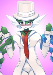 Size: 2500x3508 | Tagged: suggestive, artist:ashraely_, fictional species, gallade, gardevoir, shiny pokémon, anthro, nintendo, pokémon, 2020, blushing, bottomwear, breasts, clothes, commission, digital art, faceless female, female, group, hair, hat, headwear, high res, looking at you, male, male/female, necktie, offscreen character, pants, suit, tank top, thighs, topwear, trio