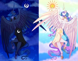 Size: 2250x1750 | Tagged: safe, artist:damon_ekel, princess celestia (mlp), princess luna (mlp), alicorn, equine, fictional species, mammal, pony, anthro, unguligrade anthro, friendship is magic, hasbro, my little pony, 2021, anthrofied, clothes, day, dress, duo, duo female, eyes closed, feathered wings, feathers, female, females only, hoof shoes, hooves, horn, horns, long horn, moon, night, royal sisters (mlp), siblings, sister, sisters, sparkly hair, sparkly mane, sparkly tail, spread wings, sun, winged anthro, wings