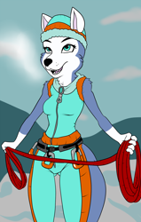 Size: 1200x1887 | Tagged: safe, artist:joykill, artist:tster, everest (paw patrol), canine, dog, husky, mammal, nordic sled dog, anthro, nickelodeon, paw patrol, beanie, black nose, blue eyes, breasts, butt, cheek fluff, clothes, digital art, ears, eyelashes, female, fluff, fur, hat, headwear, multicolored fur, older, open mouth, purple body, purple fur, rope, sharp teeth, shoulder fluff, snow, solo, solo female, sweater, tail, teeth, thighs, tongue, topwear, two toned body, two toned fur, underass, vest, white body, white fur, wide hips