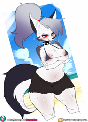 Size: 1500x2080 | Tagged: suggestive, artist:burgerkiss, artist:burgerkiss2, loona (vivzmind), canine, fictional species, hellhound, mammal, anthro, hazbin hotel, helluva boss, 2021, areola, big breasts, border, breasts, clothes, ears, female, gray hair, hair, looking at you, ponytail, smiling, smiling at you, solo, solo female, tail, thick thighs, thighs, white border