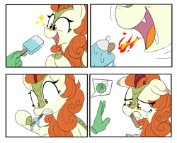 Size: 3527x2849 | Tagged: safe, artist:icey, artist:icey_starr, autumn blaze (mlp), oc, oc:anon, equine, fictional species, kirin, mammal, feral, friendship is magic, hasbro, my little pony, 2021, crying, curly mane, cute, cute little fangs, disembodied hand, eyelashes, fangs, female, female focus, fire, fire breathing, floppy ears, food, hand, high res, melting, oops, open, open mouth, open smile, popsicle, sad, sadorable, saliva, sharp teeth, smiling, solo focus, sparkles, teeth