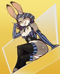 Size: 1037x1280 | Tagged: suggestive, artist:avante92, judy hopps (zootopia), lagomorph, mammal, rabbit, anthro, digitigrade anthro, disney, zootopia, 2017, bedroom eyes, bottomless, breasts, butt, clothes, digital art, ears, eyelashes, female, fur, hoodie, legwear, licking, licking lips, looking at you, nipple slip, nudity, partial nudity, pink nose, solo, solo female, stockings, tail, tongue, tongue out, topwear, wardrobe malfunction