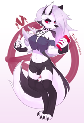 Size: 2064x3003 | Tagged: safe, artist:yoako, loona (vivzmind), canine, fictional species, hellhound, mammal, anthro, digitigrade anthro, cc by-nc, creative commons, hazbin hotel, helluva boss, 2019, breasts, cell phone, clothes, ears, female, gray hair, hair, high res, long hair, phone, smartphone, solo, solo female, tail, thighs