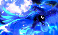 Size: 875x535 | Tagged: safe, artist:kiliankuro, princess luna (mlp), alicorn, equine, fictional species, mammal, pony, feral, friendship is magic, hasbro, my little pony, 2021, butt, commission, ethereal mane, ethereal tail, feathered wings, feathers, female, flying, hooves, horn, mare, moon, patreon, rear view, solo, solo female, spread wings, underhoof, wings