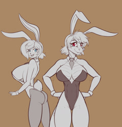 Size: 2301x2400 | Tagged: suggestive, artist:scorpdk, oc, oc only, dragon, fictional species, human, mammal, anthro, 2021, big breasts, breasts, bunny suit, cleavage, clothes, cuffs (clothes), cyan eyes, dragoness, duo, duo female, female, females only, gray body, hand on hip, high res, leotard, looking at you, open mouth, open smile, red eyes, smiling, thigh gap