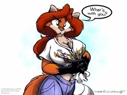 Size: 800x600 | Tagged: suggestive, artist:eric w schwartz, oc, oc:sheila vixen, canine, fox, mammal, anthro, hooters, 1998, 20th century, 4 fingers, belly button, big breasts, breasts, brown nose, cleavage, cleavage fluff, clothes, clothing pull, collarbone, dialogue, digital art, dipstick tail, ears, eyebrow through hair, eyebrows, female, fluff, fur, gloves (arm marking), grabbing, green eyes, hair, hair accessory, hair tie, hands, hands together, holding, holding object, hooters outfit, jean shorts, jeans, looking at you, midriff, nipple outline, open mouth, orange body, orange fur, pants, ponytail, raised eyebrow, red hair, shirt, shirt grab, signature, simple background, solo, solo female, speech bubble, standing, t-shirt, tail, talking, talking to viewer, tan body, tan fur, text, topwear, vixen, white background