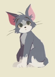 Size: 500x700 | Tagged: safe, artist:yes_cheese_, tom cat (tom and jerry), cat, feline, mammal, feral, tom and jerry, 2021, :<, black nose, cheek fluff, fluff, frowning, fur, gloves (arm marking), gray body, gray fur, green eyes, head fluff, looking at you, male, multicolored fur, simple background, sitting, socks (leg marking), solo, solo male, tail, tail fluff, two toned body, two toned fur, whiskers, white body, white fur