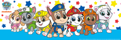 Size: 425x141 | Tagged: safe, official art, chase (paw patrol), everest (paw patrol), marshall (paw patrol), rocky (paw patrol), rubble (paw patrol), skye (paw patrol), zuma (paw patrol), canine, cockapoo, dalmatian, dog, german shepherd, husky, labrador, mammal, feral, nickelodeon, paw patrol, clothes, cute, female, goggles, group, hat, headwear, jacket, low res, male, paw pads, paws, topwear