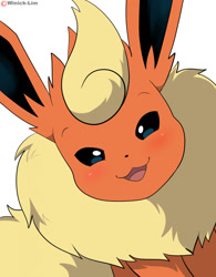 Size: 996x1280 | Tagged: safe, artist:winick-lim, part of a set, eeveelution, fictional species, flareon, mammal, feral, nintendo, pokémon, 2021, ambiguous gender, black nose, blushing, cute, digital art, ears, fluff, fur, hair, looking at you, neck fluff, on model, open mouth, open smile, simple background, smiling, solo, solo ambiguous, tail, tongue, white background
