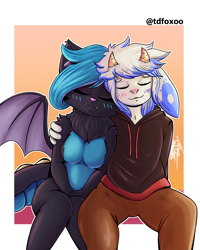 Size: 2000x2500 | Tagged: safe, artist:tdfoxoo, oc, oc only, bovid, cat, dragon, feline, fictional species, goat, hybrid, mammal, anthro, 2021, blushing, bottomwear, breasts, clothes, commission, couple, cute, dragoness, duo, duo male and female, eyes closed, fangs, featureless breasts, female, fluff, fur, high res, hoodie, horns, hug, male, pants, sharp teeth, shipping, shirt, sunset, tail, teeth, topwear, wholesome, wings