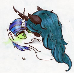 Size: 2279x2265 | Tagged: safe, artist:pepperscratch, queen chrysalis (mlp), shining armor (mlp), arthropod, changeling, changeling queen, equine, fictional species, mammal, pony, unicorn, feral, friendship is magic, hasbro, my little pony, 2016, duo, female, high res, horn, jagged horn, male, mind control, simple background, stallion, traditional art, white background