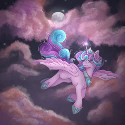 Size: 2048x2048 | Tagged: safe, artist:gloomy_ghoul083, princess flurry heart (mlp), alicorn, equine, fictional species, mammal, pony, feral, friendship is magic, hasbro, my little pony, 2021, cloud, feathered wings, feathers, female, flying, fur, hair, high res, hoof shoes, horn, jewelry, mare, moon, multicolored hair, multicolored mane, multicolored tail, older, peytral, pink body, pink fur, regalia, sky, smiling, solo, solo female, spread wings, tail, wings