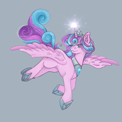Size: 2048x2048 | Tagged: safe, alternate version, artist:gloomy_ghoul083, princess flurry heart (mlp), alicorn, equine, fictional species, mammal, pony, feral, friendship is magic, hasbro, my little pony, 2021, feathered wings, feathers, female, flying, fur, hair, high res, hoof shoes, horn, jewelry, mare, multicolored hair, multicolored mane, multicolored tail, older, peytral, pink body, pink fur, regalia, smiling, solo, solo female, spread wings, tail, wings
