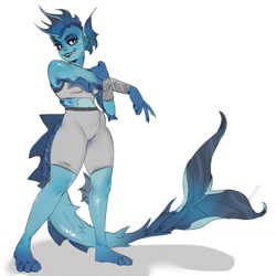 Size: 1280x1280 | Tagged: safe, artist:threereddots, oc, oc:xasaviko, fish, anthro, barefoot, black lips, bottomwear, breasts, clothes, feet, female, fins, fish tail, grin, looking at you, sharp teeth, shorts, smiling, smiling at you, solo, solo female, stretching, tail, teeth, toes, topwear