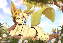 Size: 1301x900 | Tagged: safe, artist:teranen, cutiefly, eeveelution, fictional species, leafeon, mammal, oddish, persian (pokémon), anthro, feral, plantigrade anthro, nintendo, pokémon, 2021, absolute cleavage, anthrofied, big breasts, bikini, black nose, breasts, cleavage, clothes, ears, female, female focus, flower, flower in hair, grass, hair, hair accessory, looking at you, plant, smiling, smiling at you, solo focus, swimsuit, tail, thick thighs, thighs, tongue, tongue out