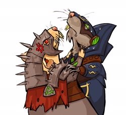 Size: 2359x2159 | Tagged: safe, artist:nan_ivel, fictional species, mammal, rat, rodent, skaven, warhammer, warhammer fantasy, armor, clothes, duo, ear piercing, earring, fighting, high res, male, piercing, simple background, white background