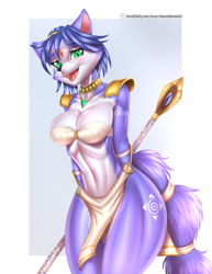 Size: 1700x2200 | Tagged: safe, artist:doomxwolf, krystal (star fox), canine, fox, mammal, anthro, nintendo, star fox, 2019, big breasts, blue hair, breasts, cleavage, clothes, ears, female, hair, looking at you, open mouth, smiling, smiling at you, solo, solo female, tail, tail band, thick thighs, thighs, unconvincing armor, vixen