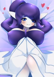 Size: 2480x3508 | Tagged: suggestive, alternate version, artist:ashraely_, oc, oc only, fictional species, gardevoir, anthro, nintendo, pokémon, 2020, armpits, arms behind head, bed, blushing, breasts, clothes, commission, digital art, dress, ears, eyelashes, female, hair, high res, looking at you, lying down, lying on bed, nipple outline, on bed, solo, solo female, thighs, wide hips
