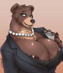 Size: 1000x1160 | Tagged: suggestive, artist:aeonspassed, bear, mammal, anthro, areola, areola slip, bra, breasts, business suit, clothes, female, huge breasts, pearl necklace, solo, solo female, underwear
