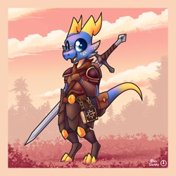 Size: 2750x2750 | Tagged: safe, artist:etchasketchyart, oc, oc only, oc:sol (etchasketchyart), fictional species, kobold, reptile, anthro, digitigrade anthro, armor, cute, high res, horns, male, solo, solo male, sword, tail, tail pouch, weapon