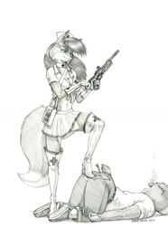 Size: 1000x1341 | Tagged: safe, artist:baron engel, oc, oc only, bear, canine, fox, mammal, anthro, boots, bottomwear, butt, clothes, dipstick tail, duo, female, grayscale, gun, hat, headwear, high heel boots, lying down, male, monochrome, nurse, nurse hat, shoes, skirt, tail, traditional art, tranquilizer, unconscious, vixen, weapon