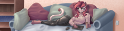 Size: 5200x1300 | Tagged: safe, artist:catd, oc, oc only, oc:margaret never, cat, feline, mammal, mouse, rodent, anthro, plantigrade anthro, bedroom, bookshelf, clothes, coffee mug, compact disk, couch, female, graphic tablet, indoors, latex, looking up, pillow, smiling, solo, solo female, sweater, tail, topwear