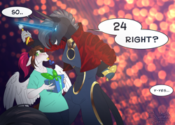 Size: 1200x859 | Tagged: safe, artist:sunny way, oc, oc only, oc:sunny way, oc:wacom cintiq 24 pro, equine, fictional species, horse, mammal, pegasus, pony, unicorn, anthro, 2021, alacorna, birthday, black body, black fur, blue eyes, blushing, bottomwear, brown hair, clothes, cute, dialogue, digital art, duo, ears, female, female/female, fur, gift, glowing, gray hair, green eyes, hair, happy, hat, headwear, horn, looking at you, magenta hair, mare, pants, party hat, shirt, size difference, speech bubble, sweet, tablet, tail, talking, text, topwear, wacom, white body, white fur, wings