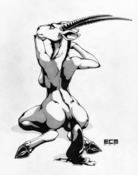 Size: 1027x1302 | Tagged: suggestive, artist:ecmajor, antelope, bovid, gemsbok, mammal, oryx, anthro, unguligrade anthro, 2016, breasts, butt, cloven hooves, complete nudity, dewclaw, ears, eyelashes, female, fur, hooves, horns, kneeling, monochrome, nudity, pinup, signature, simple background, solo, solo female, tail, traditional art, white background