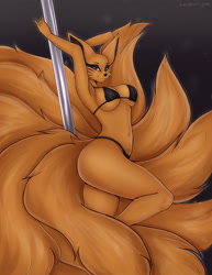 Size: 3566x4624 | Tagged: safe, artist:hierophant green, kurama (naruto), canine, fictional species, fox, kitsune, mammal, anthro, naruto (series), 2021, absolute cleavage, absurd resolution, anthrofied, big breasts, bikini, breasts, cleavage, clothes, ears, female, looking at you, multiple tails, smiling, smiling at you, solo, solo female, swimsuit, tail, thick thighs, thighs, vixen