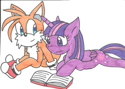 Size: 999x716 | Tagged: safe, artist:cmara, miles "tails" prower (sonic), twilight sparkle (mlp), alicorn, canine, equine, fictional species, fox, mammal, pony, red fox, anthro, feral, plantigrade anthro, friendship is magic, hasbro, my little pony, sega, sonic the hedgehog (series), 2020, book, crossover, duo, duo male and female, feathered wings, feathers, female, folded wings, male, reading, sitting, smiling, traditional art, wings