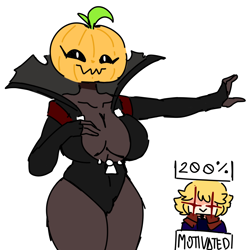 Size: 4096x4096 | Tagged: safe, artist:ren eliwood, oc, oc only, oc:miss pumpkin (ren eliwood), oc:ren (ren eliwood), fictional species, human, mammal, monster, humanoid, 200% mad, absurd resolution, big breasts, black sclera, breasts, cleavage, clothes, colored sclera, duo, excited, female, glowing, glowing eyes, glowing eyes meme, leotard, looking at you, male, motivated, pumpkin, pumpkin head, simple background, smiling, vegetables, white background, white eyes