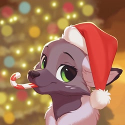 Size: 2000x2000 | Tagged: safe, artist:vistamage, oc, oc:luna the enfield, bird, canine, enfield, fictional species, fox, mammal, feral, bust, candy cane, christmas, christmas tree, clothes, commission, conifer tree, cute, female, happy, hat, headwear, high res, holiday, looking at you, portrait, santa hat, solo, solo female, three-quarter view, tree