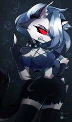 Size: 2414x4096 | Tagged: safe, artist:chizitx, loona (vivzmind), canine, fictional species, hellhound, mammal, anthro, hazbin hotel, helluva boss, 2021, breasts, clothes, ears, female, hair, long hair, looking at you, silver hair, solo, solo female, tail, thighs