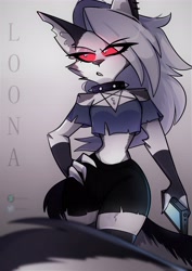 Size: 2900x4096 | Tagged: safe, artist:chizitx, loona (vivzmind), canine, fictional species, hellhound, mammal, anthro, hazbin hotel, helluva boss, 2021, breasts, cell phone, clothes, ears, female, gray hair, hair, long hair, phone, smartphone, solo, solo female, tail, thighs