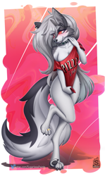 Size: 1219x2048 | Tagged: safe, artist:sugarlesspaints, part of a set, loona (vivzmind), canine, fictional species, hellhound, mammal, anthro, digitigrade anthro, hazbin hotel, helluva boss, 2021, border, breasts, clothes, ear fluff, female, fluff, gray hair, gray tail, hair, long hair, smiling, solo, solo female, tail, tail fluff, thighs, white body, white border