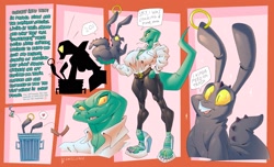 Size: 2401x1464 | Tagged: safe, artist:frenzyhare, dinosaur, hybrid, lagomorph, lizard, mammal, rabbit, reptile, anthro, semi-anthro, big breasts, blouse, breasts, claws, clothes, duo, ear piercing, earring, feet, female, high heel sandals, high heels, lizard tail, lizard tongue, long ears, long tongue, male, piercing, sandals, shoes, tight pants, toe claws, toe ring, toes, tongue, unbuttoned