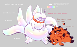 Size: 3024x1860 | Tagged: safe, artist:reshirii, kurama (naruto), saiken (naruto), canine, fictional species, fox, kitsune, mammal, mollusk, monster, slug, anthro, naruto (series), collar, duo, duo male, fat, male, males only, multiple tails, open mouth, paw pads, paws, scar, tail, tailed beast