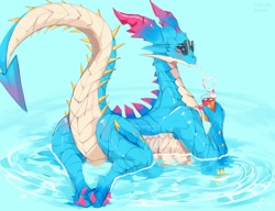 Size: 2048x1575 | Tagged: safe, artist:stercore_murum, dragon, fictional species, reptile, scaled dragon, feral, dragalia lost, nintendo, 2021, bendy straw, blue scales, drink, drinking, featureless crotch, female, glasses, horns, looking at you, looking back, looking back at you, mercury (dragalia lost), partially submerged, raised tail, round glasses, scales, solo, solo female, straw, sunglasses, tail, water