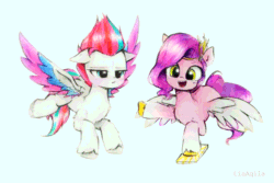 Size: 878x585 | Tagged: safe, artist:liaaqila, artist:szafir87, pipp petals (mlp), zipp storm (mlp), equine, fictional species, mammal, pegasus, pony, feral, hasbro, my little pony, my little pony g5, my little pony: a new generation, spoiler:my little pony g5, 2021, animated, cell phone, cinemagraph, cute, duo, duo female, feathered wings, feathers, female, females only, flapping, flying, gif, phone, simple background, smartphone, tail, unamused, waving, wings