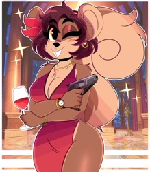 Size: 2800x3200 | Tagged: safe, artist:wirelessshiba, oc, oc only, oc:shelly (wirelessshiba), mammal, rodent, squirrel, anthro, 2021, alcohol, bracelet, breasts, buckteeth, chest fluff, cleavage, clothes, dress, drink, ear piercing, eyebrows, eyelashes, female, fluff, fur, gun, hair, handgun, high res, jewelry, looking at you, necklace, no underwear, one eye closed, piercing, pistol, short hair, shoulder fluff, side slit, smiling, smiling at you, solo, solo female, teeth, weapon, wine, wine glass, winking