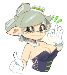 Size: 1500x1700 | Tagged: safe, artist:dave from next door, marie (splatoon), animal humanoid, fictional species, inkling, mollusk, squid, humanoid, nintendo, splatoon, 2021, 5 fingers, amber eyes, beauty mark, breasts, bust, cleavage, clothes, collar, cross-shaped pupils, ear piercing, earring, eyeshadoe, female, gloves, gray hair, hair, hat, headwear, lidded eyes, looking at you, ok sign, piercing, pointy ears, simple background, smiling, smiling at you, solo, solo female, unusual pupils, white background, white gloves