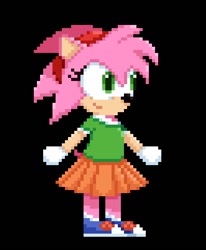 Size: 530x642 | Tagged: safe, artist:squishysofty, amy rose (sonic), hedgehog, mammal, anthro, sega, sonic the hedgehog (series), 2021, black background, black nose, bottomwear, clothes, eyelashes, female, gloves, green eyes, hair, hairband, headwear, pixel art, shirt, short tail, simple background, skirt, smiling, sneakers, solo, solo female, tail, topwear, white gloves