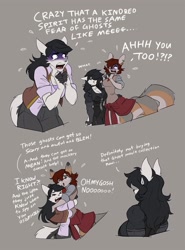 Size: 1600x2166 | Tagged: safe, artist:wmdiscovery93, oc, oc only, oc:gwen (wmdiscovery93), oc:gwyn (wmdiscovery93), oc:haley (wmdiscovery93), canine, mammal, wolf, anthro, taur, 2021, blushing, comic, duo, duo female, female, females only, glasses, hug, muscular intersex female