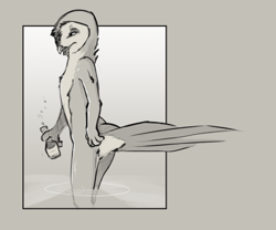 Size: 1400x1166 | Tagged: safe, artist:tuke, bird, bird of prey, owl, anthro, 2021, beak, bottle, complete nudity, feathers, featureless crotch, hand hold, holding, male, nudity, partially submerged, solo, solo male, standing, tail, tail feathers, water