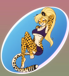 Size: 2187x2400 | Tagged: safe, artist:scorpdk, oc, oc only, oc:mihari (scorpdk), cheetah, feline, mammal, anthro, digitigrade anthro, 2021, abstract background, adorasexy, arm behind head, armpits, athletic, athletic female, barefoot, belly button, big breasts, black nose, blonde hair, blushing, body markings, bottomwear, breasts, chest fluff, cleavage, cleavage fluff, clothes, crossed legs, curvy, cute, cute little fangs, ear fluff, eyebrow through hair, eyebrows, eyelashes, eyes closed, fangs, female, fluff, fur, hair, happy, high res, legs, lips, long hair, midriff, nipple outline, pale belly, paws, ponytail, sexy, shorts, smiling, solo, solo female, sports bra, sports shorts, spotted fur, tail, tail fluff, tank top, teeth, thick thighs, thighs, topwear, underboob, workout clothes, yellow body