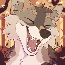 Size: 1000x1000 | Tagged: safe, artist:littlecoyote, canine, dog, mammal, anthro, 2021, ambiguous gender, autumn, brown body, brown fur, bust, cheek fluff, cream body, cream fur, eyes closed, fangs, fluff, fur, happy, leaf, open mouth, open smile, portrait, sharp teeth, smiling, solo, solo ambiguous, tan body, tan fur, teeth, tongue