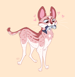 Size: 1455x1509 | Tagged: safe, artist:littlecoyote, cat, feline, fish, mammal, feral, 2021, cute, fangs, female, fur, heart, holding, mouth hold, pink body, pink fur, sharp teeth, simple background, solo focus, standing, tail, teeth, whiskers, white body, white fur