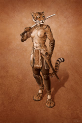 Size: 900x1350 | Tagged: suggestive, alternate version, artist:titus weiss, oc, oc:amaya, big cat, feline, mammal, tiger, anthro, breasts, clothes, female, fur, katana, loincloth, partial nudity, paws, sandals, shoes, solo, solo female, standing, striped fur, sword, tail, topless, weapon